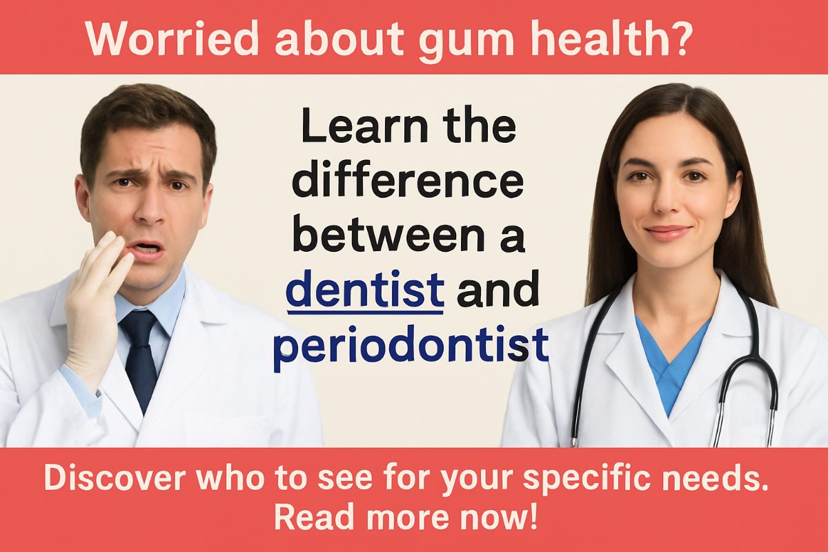 Photo of a dentist periodontist examining a patient's gums, using a probe to check for pocket depth. No text on image.